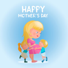 Happy Mother`s Day Greeting Card. Cute cartoon illustration of mother with two kids. Blondie mom with little Son and daughter