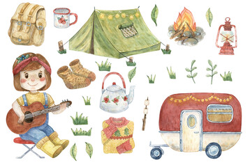Watercolor set of illustrations about camping. Hand-drawn watercolor clip art. Cute girl with guitar, trailer, tent, bonfire, mug, teapot, sweater, socks, backpack, red lantern and marshmallow. 