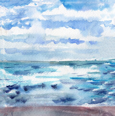 Hand drawn seascape watercolor sketch. Landscape with waves at sea or ocean. Summer vacations drawing. Blue and white cloudy sky. Sandy beach. Nature and ecology. For post cards, posters and prints