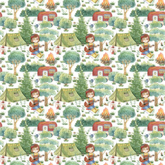 Watercolor seamless pattern with a girl in a forest camping. Light hand-drawn background. The red-haired girl is sitting by the fire and playing the guitar. Texture for textiles, decoration, fabrics.