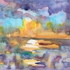 Hand drawn seascape watercolor sketch. Sea or ocean drawing. Summer tropical vacations. Blue, purple, orange and yellow cloudy sun set sky. Nature and ecology. For post cards, posters and prints