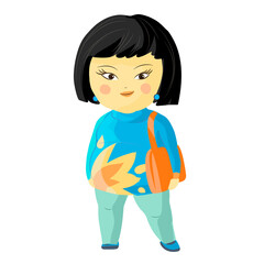 Happy plus size woman with short black hairstyle vector illustration. Curvy young asian girl in casual clothes cartoon character. Body positive model posing isolated on white background