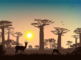 Fototapeta na wymiar African landscape. Grass, trees, birds, animals silhouettes. Abstract nature background. Template for your design works.