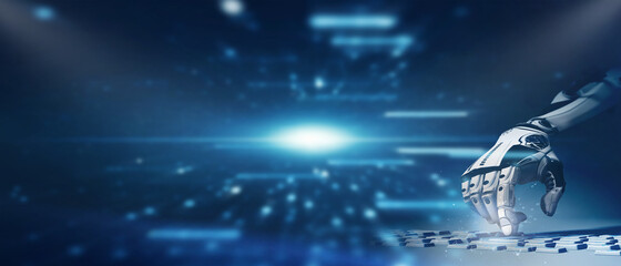 Robot cyborg hand pressing a keyboard on blue technology background. Artificial intelligence concept. 3D rendering