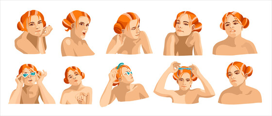 Set of young female icon with emotions in cartoon style. Red hair girl avatar profile with facial expression. Characters portraits in bright colors. Isolated vector illustration in flat design