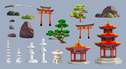 Ancient japan culture objects set with gate, pagoda, temple, ikebana, trees, stone, garden, japanese lantern isolated vector illustration. Japan vector set collection © Andrey
