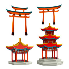 Ancient japan culture objects set withjapanese gate, tory and pagoda isolated vector illustration. Japan vector set collection