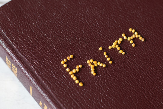 Faith Like Mustard Seed Holy Bible Book Concept. Trust God And Jesus Christ. Be Faithful. The Gospel Of Matthew 17:20, A Parable Of Seed Growing, Christian Growth And Hope.