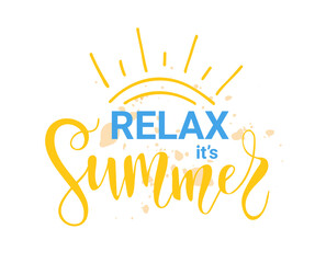 Its Summer  hand drawn inspirational motivational lettering quote with sun as postcard, T-shirt design print, logo, template, banner, sticker. Vector illustration