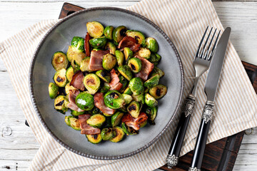 Fried Brussels sprouts with bacon