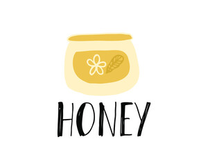 Honey hand drawn text. Brush lettering. Template for label. Design for logo, banner, stamp, badge, emblem, label. Vector illustration isolated on white background.