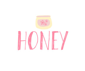 Honey hand drawn text. Brush lettering. Template for label. Design for logo, banner, stamp, badge, emblem, label. Vector illustration isolated on white background.