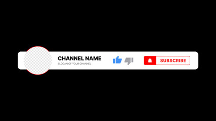Channel Name Lower Third. Broadcast Banner for Video On Black Background. Placeholder for channel logo. Vector illustration