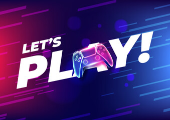 Let's play, Neon game controller or joystick for game console on blue background. © Windawake