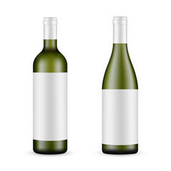 Green Glass Wine Bottles Mockups With Labels, Isolated on White Background. Vector Illustration