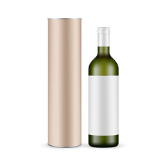 Green Glass Wine Bottle With Label and Cardboard Tube Mockup Isolated on White Background. Vector Illustration