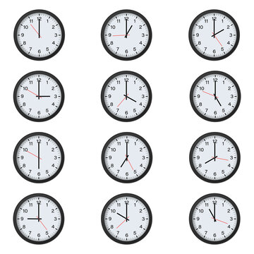 Black Round Clock Set with Various Time Isolated on White Background. Vector Illustration