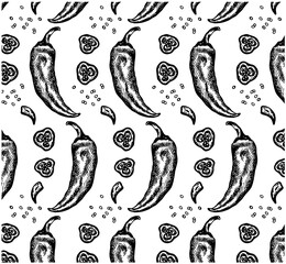 Sketch drawing pattern of black  hot chili peppers with seeds isolated on white background. Spicy vegetable wallpaper. Mexican food, cayenne pepper, jalapeño, serrano. Vector illustration.