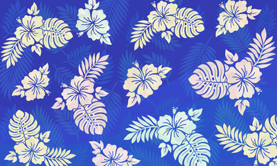 Fototapeta na wymiar ハワイアン、アロハシャツのハイビスカス柄、青い海と空のイメージ