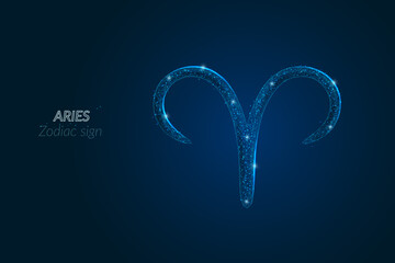 Abstract futuristic image of aries zodiac sign. Astrological horoscope characteristic. Polygonal vector illustration looks like stars in the blask night sky in spase. Digital low poly design. © Katsiaryna