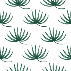 Decorative seamless doodle pattern with abstract green tropic bush ornament. White background.