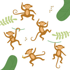 Obraz na płótnie Canvas Vector set of cute drawn monkeys. African brown monkey in different poses in the jungle. Family and flock of monkeys in plants. Monkey pattern. Coloring book, textiles, wallpaper, cartoon.