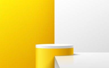 Abstract white and yellow cylinder platform podium. Bright yellow and white minimal wall scene. Modern vector rendering 3d shape for product display presentation. Geometric pedestal design.