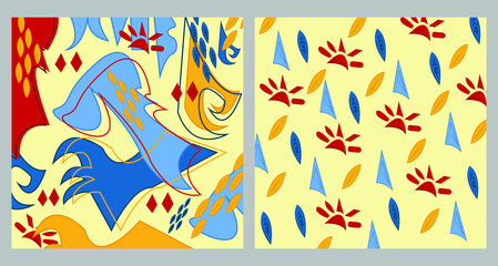 Two seamless pattern in the same color palette, red blue and yellow colors. Collection of abstract ethnic jungle culture tribe tribal artistic patterns yellow cream background