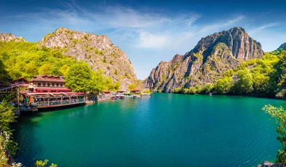 Poster Stunning spring view of popular tourist destination - Matka Canyon. Amazing morning scene of North Macedonia, Europe. Traveling concept background.. © Andrew Mayovskyy