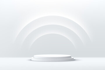 Abstract shine silver cylinder pedestal podium. Sci-fi white empty room concept with semi circle glowing neon lighting. Vector rendering 3d shape, Product display presentation. Futuristic wall scene.