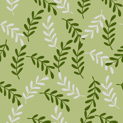 Obraz na płótnie Canvas Abstract herbal floral seamless pattern with simple herbal twigs ornament. Green bbackground. Random print.