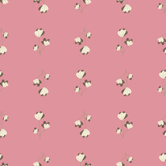 Hand drawn white naive flowers silhouettes seamless pattern. Pink background. Nature doodle print.