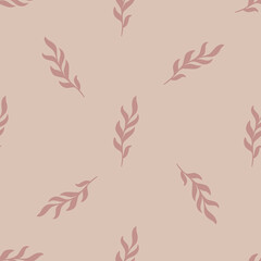 Seamless pattern with minimalistic leaves twig ornament. Pale lilac background. Herbal vintage backdrop.