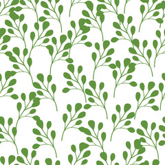 Isolated greenery tropic seamless pattern with doodle green white eucalyptus ornament. White background.