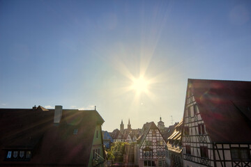 Naklejka premium Rothenburg roofs and old werkhaus facades, viewed from the city wall to the historic center of the town