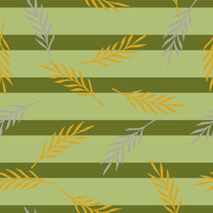 Botanic seamless pattern with doodle leaves branches shapes ornament. Green striped background.