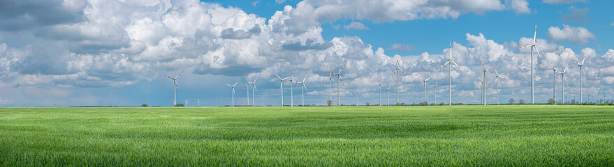 Panoramic view over beautiful farm landscape with green wheat field and wind turbines to produce...