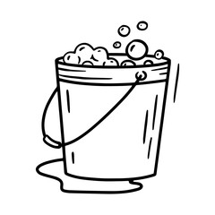 Bucket with foam and bubbles, linear icon in Doodle style on a white background, cleaning device