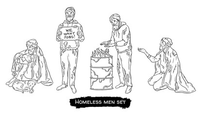 A homeless man set, a poor tramp on the street. Vector linear illustration in Doodle sketch style. - obrazy, fototapety, plakaty