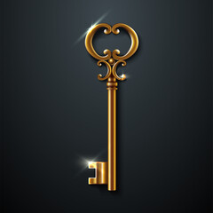 Isolated golden vintage key on black background. Vector