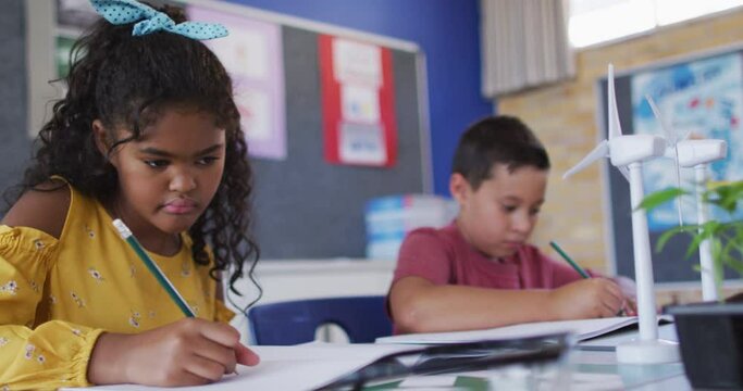 Diverse schoolchildren, learning about wind power and renewable sources of energy