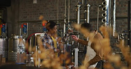 Diverse male and female colleague at gin distillery inspecting product and discussing - Powered by Adobe
