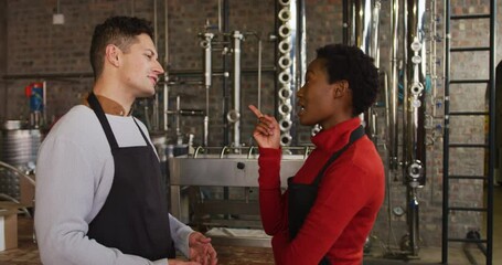 Diverse male and female colleague at gin distillery talking and turning to camera smiling - Powered by Adobe