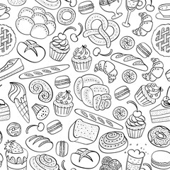 Bakery and pastry seamless pattern. Food doodles on white background. Vector illustration.
