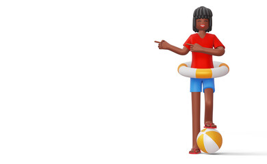 Happy girl pointing finger in swim ring on a beach ball, 3d rendering