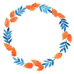 Orange color autumn leaf and fern wreath watercolor hand painting for decoration on Autumn season, natural theme and Thanksgiving festival