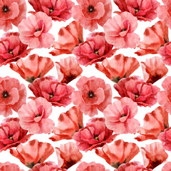 Floral seamless watercolor pattern with large bright colors. Red poppies on a white background. Summer illustration