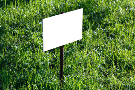 blank white sign mockup on green lawn background - close-up with selective focus