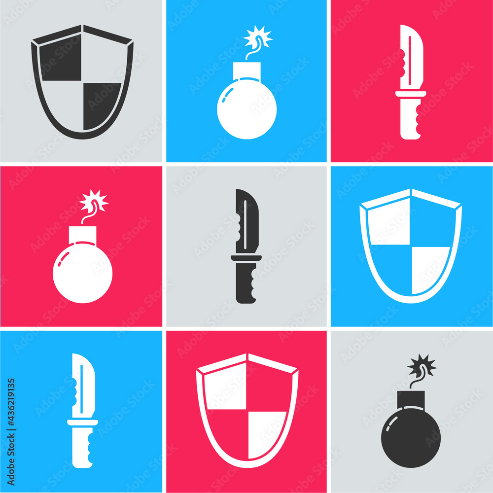 Sticker Set Shield, Bomb ready to explode and Military knife icon. Vector