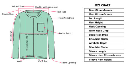 T-Shirt Line sketch and measurement chart. Description points of t-shirt measurement.